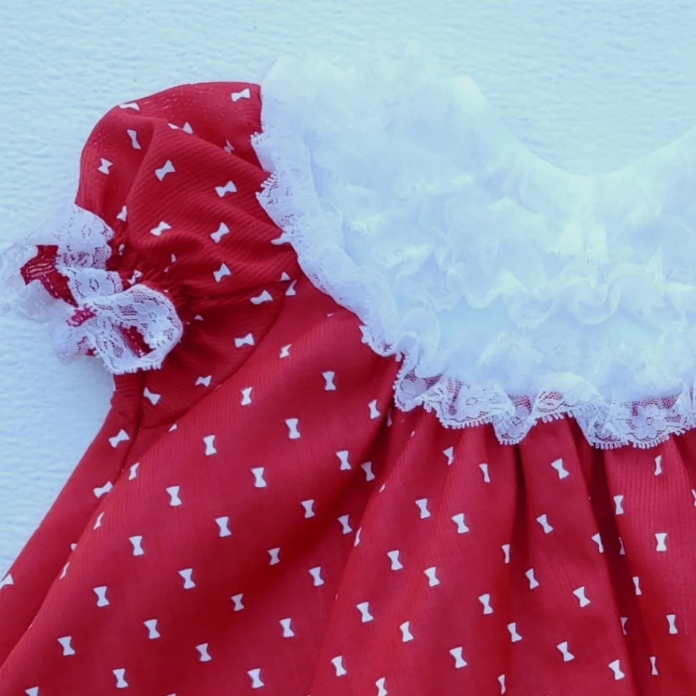 Vintage Bryan Dress Short-sleeve Ruffles & Lace Red|White Baby Girls 6 Month